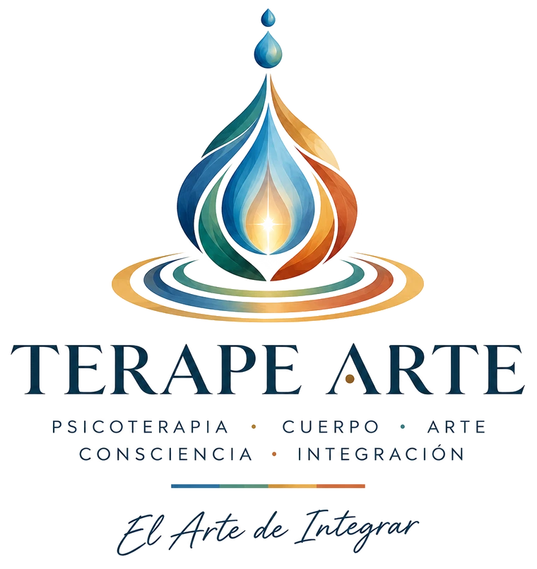 Logotipo de TERAPE ARTE: una gota de colores sobre ondas de agua, el nombre, las palabras psicoterapia, cuerpo, arte, consciencia e integración, y el lema El Arte de Integrar